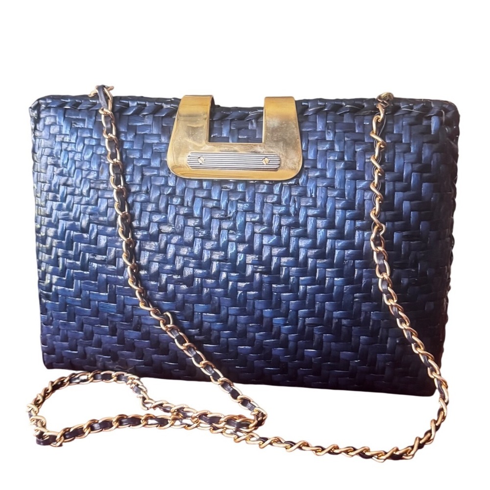 LD Elegance Navy Blue Woven Straw Clutch Gold Chain Crossbody Bag Vintage 11x8x3